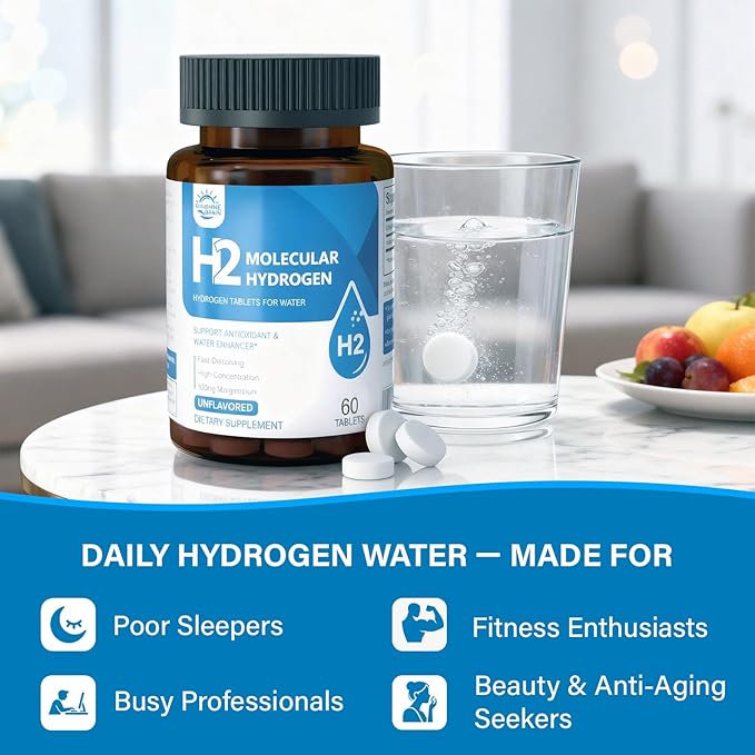Molecular Hydrogen (H2) Tablets with Magnesium – 12 PPM Hydrogen Water Tablet for Drinking Water, Antioxidant-Rich, Supports Cellular Health, Recovery & Cognitive Function – Unflavored, 60 Tablets