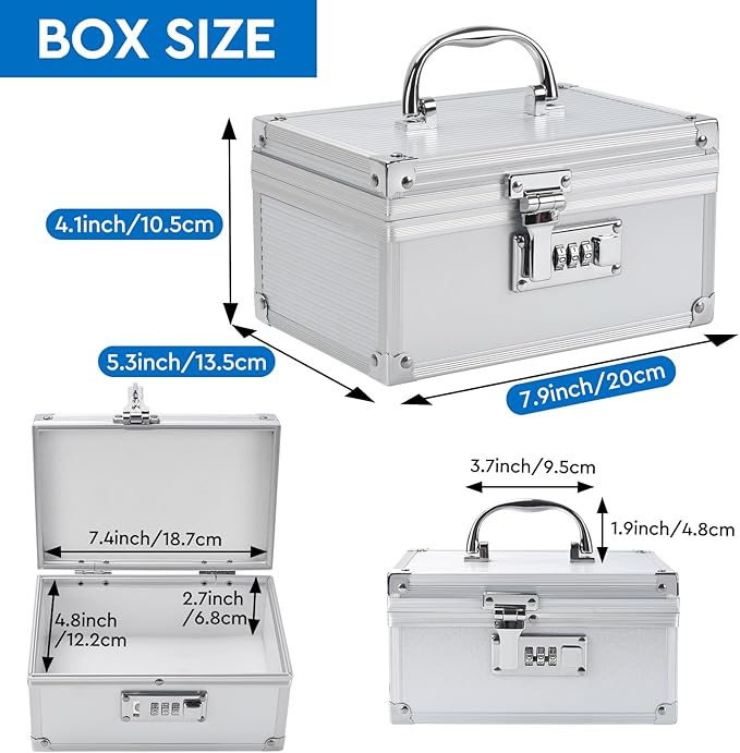 Travel Storage Safe Locking Box With 6 PCS Accessories, Durable Medicine Protect Case with Combination Lock for Home and Travel，Childproof Pill Box Organizer for Valuables, Silver