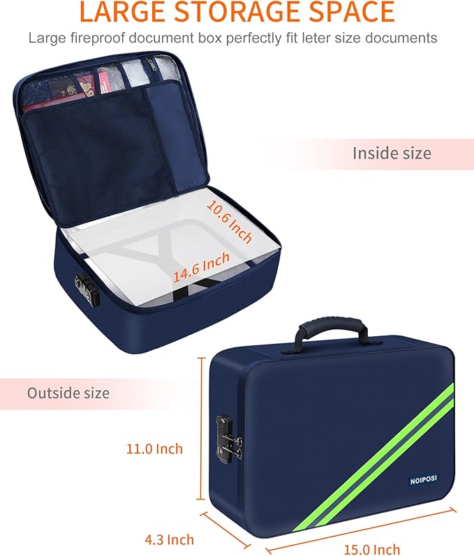 Noiposi Important Document Organizer, Waterproof and Fireproof Document Box with 7 Pockets File Folder,Portable Home Fire Safe Storage Box Case with Lock for Documents,File and Card,Blue