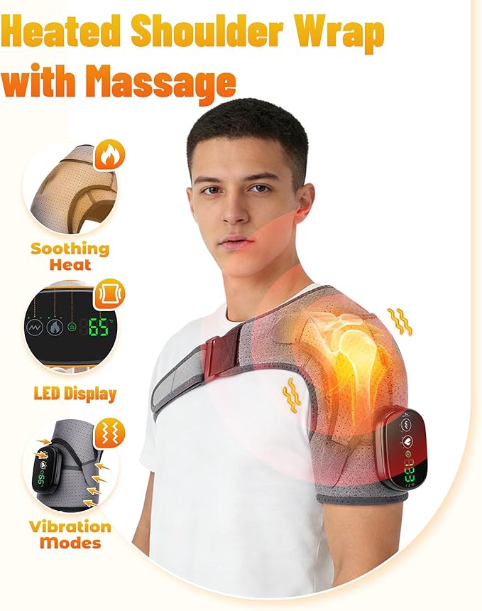 Shoulder Massager – Shoulder Heating Pad with Massage, Cordless Heated Shoulder Wrap with 3 Intensity Levels, Adjustable Straps for Deep Tissue Comfort, One-Button Operation (Gray)