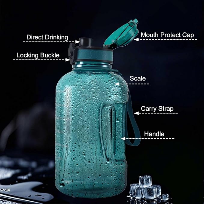 GEMFUL 64oz Motivational Water Bottle with Handle 2L Large Sports Jug for Gym Fitness Time Marker No Straw Leak Proof BPA Free (Cyan)