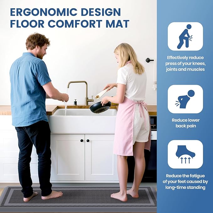 KitchenClouds [2 PCS] Kitchen Rugs Cushioned Anti-Fatigue Kitchen Mats for Floor Waterproof Kitchen Rug Set Non-Slip Comfort Standing Mat for Office, Sink, Laundry 20"×30"+20"×60", Grey