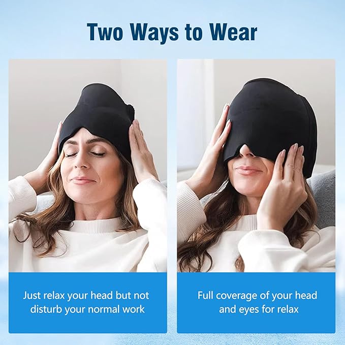 Migraine Relief Cap, Odorless Headache Relief Hat with Hot and Cold Therapy, Odorless Migraine Ice Head Wrap Cold Compress for Tension Relief, Sinus & Stress (360° Gel Coverage)