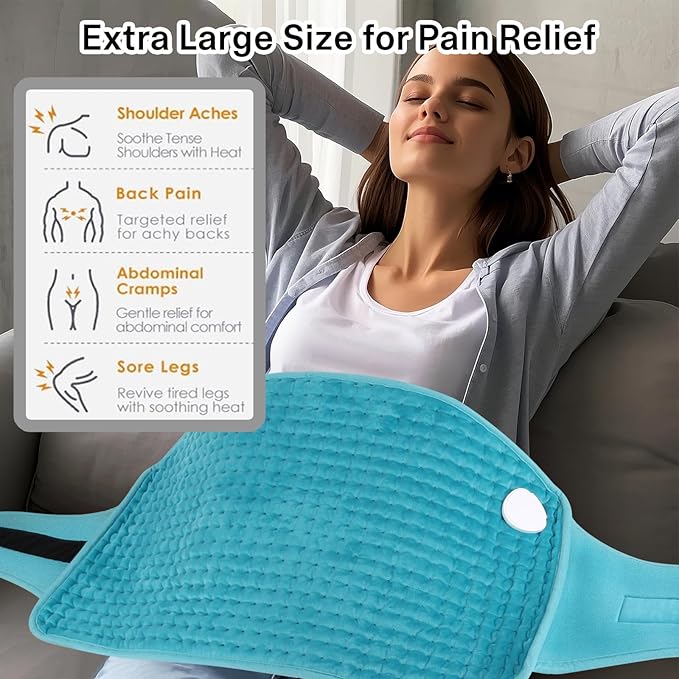 Large Heating Pads for Back Pain/Period Cramps, 4 Timer(Max 4H)/9 Heat/10ft Long Cord/ 16 * 24" Heat Pad+27" Belt Wearable(51" in Total) Electric Wrap Around Heating Pad Birthday Christmas Gift(Blue)