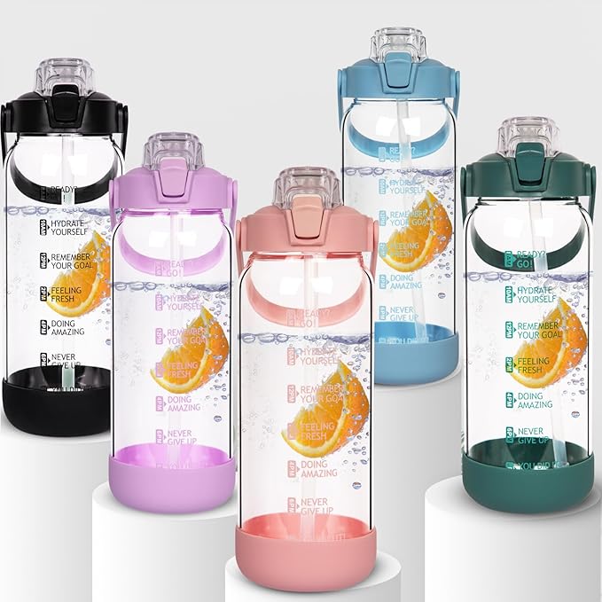 32 oz Glass Water Bottle with Straw and Time Marker, Large Motivational Borosilicate Glass Drinking Bottle with Silicone Boot and Sleeve