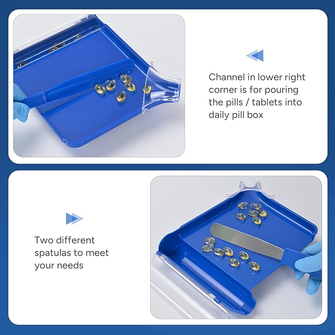 SimCoach Pill Counting Tray, Right Hand Pill Counter with Spatula, Larger Pharmacy Counting Tray with Added Guide Cap (Blue)