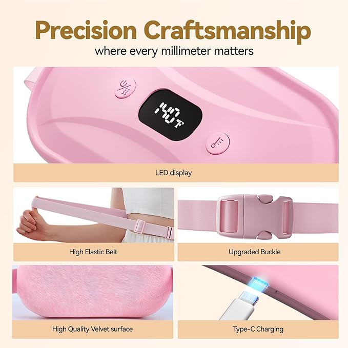 Portable Electric Heating Pad for Period Cramps, Menstrual Heating Pads with 7 Heat Levels and 7 Vibrating Modes for Women Stomach Pain Relief - Pink