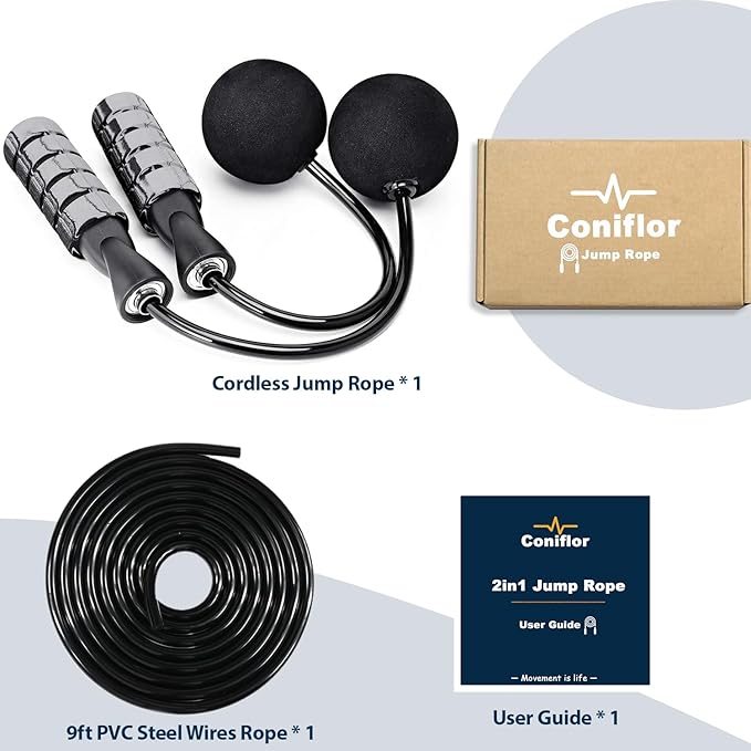 2 in 1 Jump Rope for Women Men and Kids - Tangle-Free Cordless Skipping Jump Rope with Ball Bearings and Foam Handles for Rapid Speed Fitness Workouts