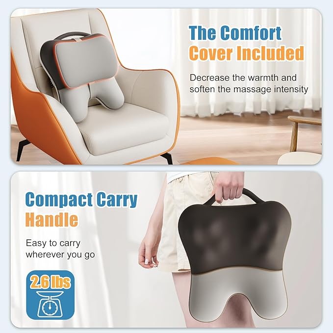 Shiatsu Neck and Back Massager with Heat, Back Massager for Pain Relief Deep Tissue, Massager for Neck and Shoulder Pain, Massage Pillow with Cover, Adjustable Straps & Portable Handle (No Battery)