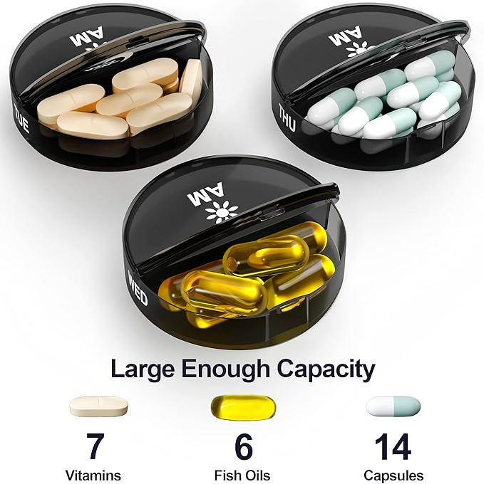 Weekly Pill Organizer 2 Times a Day - Large Capacity –Travel Pill Box 7 Day with Airtight Lid Lock – Portable Pill Case for Purse – Ideal for Vitamins, Supplements, and Fish Oil Pills (Black)