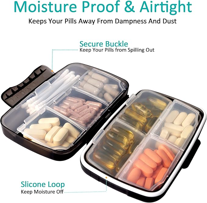 Travel Pill Organizer Large Portable Medication Organizer, Fullicon Oversize 8 Compartment Pill Box, Vitamin Travel Case Pill Holder - Airtight & Moistureproof (Blue)