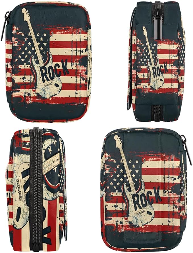 American Flag Music Guitar Travel Pill Organizer Box Weekly Portable Pill Case Daily Pills 7 Day Small Birth Control Pills Container Removable Compartments for Medicine Vitamins Fish Oil