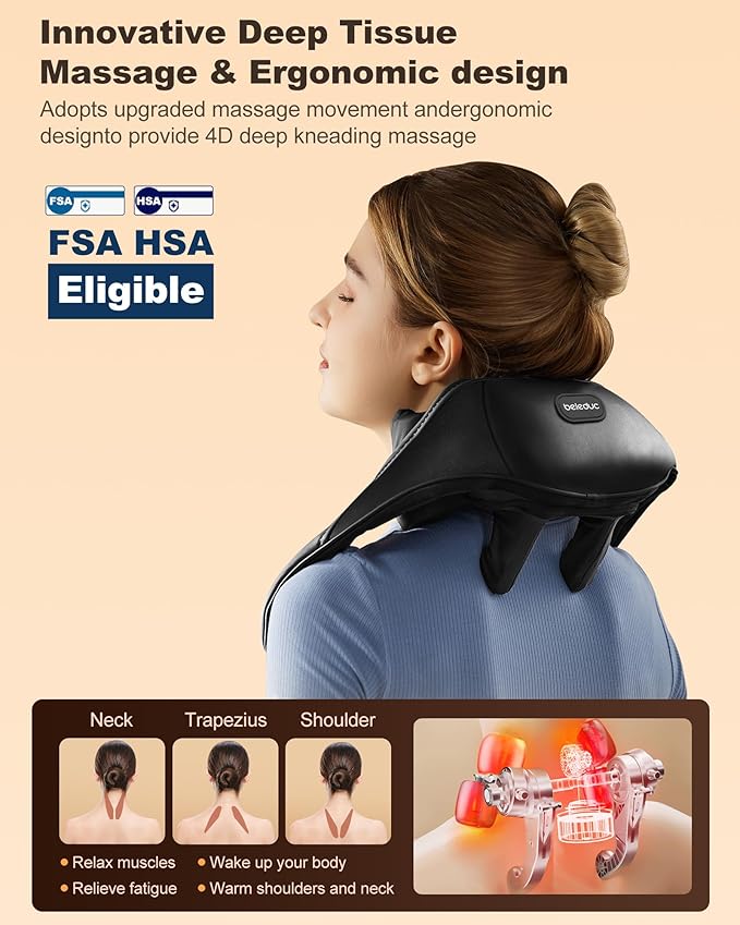 Beleduc Neck and Back Massager with Soothing Heat, FSA Eligible, Cordless Neck Shoulder Massager, Upgraded 4D Shiatsu Deep Kneading Massage for Back Shoulder