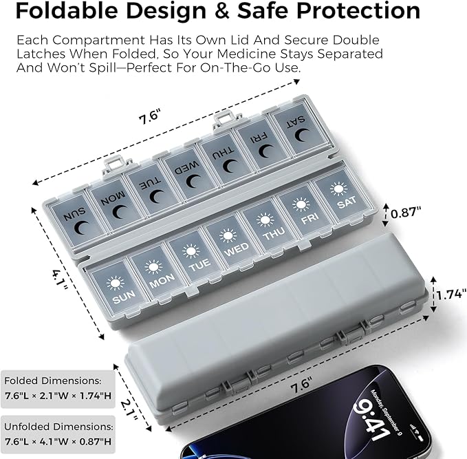 Foldable Pill Organizer Weekly 2 Times a Day, 7 Day Portable AM PM Travel Pill Case with Black&White Labels, Dual-Protection Daily Medicine Box, Large Pill Container for Vitamin/Supplement-Grey