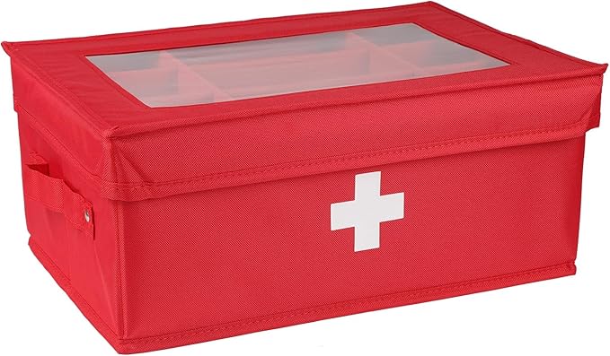 First Aid Kit, Linen First Aid Supplies Box, Pill Bottle Organizer, Empty Box with Lid for Home & Travel Emergency Tool Set - Red