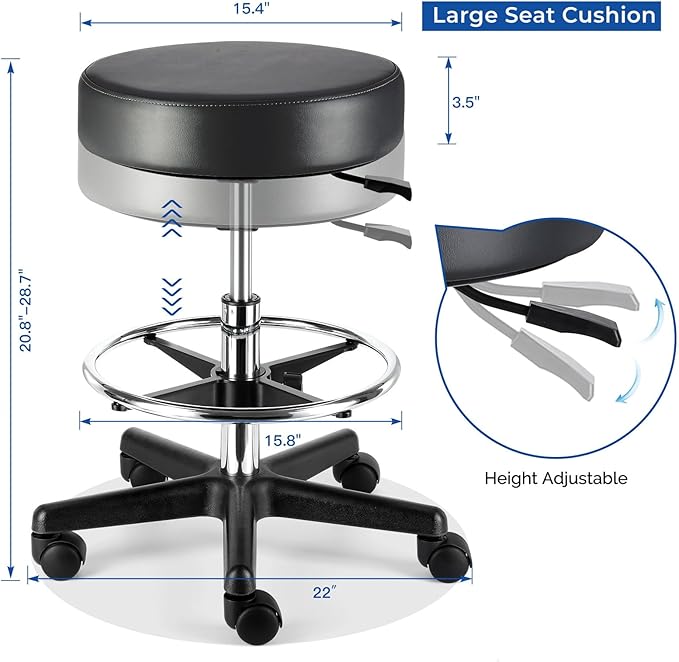 JMU Rolling Stool Heavy Duty 400lb with Footrest,PVC Leather Large Seat,Swivel Rolling Adjustable Height for Salon Spa Work Office Clinic Dentist Dentists Healthcare, Black