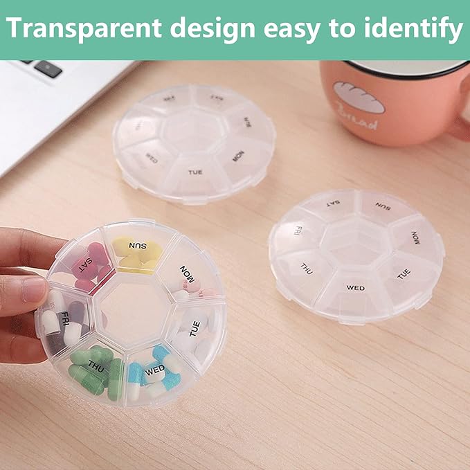 2PCS Pill Organizer Transparent Medicine Case Weekly Pill Box Travel Portable Pill Container with 7 Compartments （2PCS+Bag 2PCS）