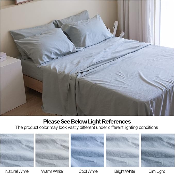 Simple&Opulence Belgian Linen Sheet Set Solid Color - 6 Pieces (1 Flat Sheet & 1 Fitted Sheet & 4 Pillowcases) 16" Deep Pocket Natural Flax Cotton Blended Soft Bedding - Dusty Blue, Queen Size