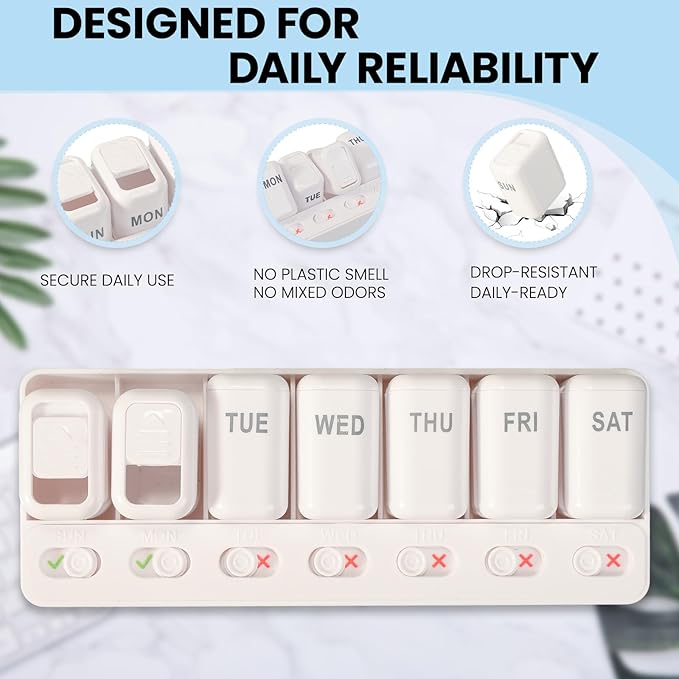 Weekly Pill Organizer with Taken/Untaken Tracker – Never Forget or Double-Dose Your Medication, Large Daily Compartments for Vitamins & Supplements, Vitamin, White