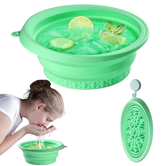 Silicone Face Ice Bath Bowl with Built-In Icetray,Silicone and Foldable Face Tub,Ice Bath Water Chiller,Skin Tightening and Acne Relief for Home & Travel (Green)