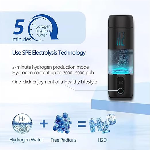 Hydrogen Water Bottle Generator with SPE PEM Technology, 5000ppb Portable Hydrogenated Water Ionizer Machine Improve Water in 5 Minutes, for Home, Office, Travel, Exercise