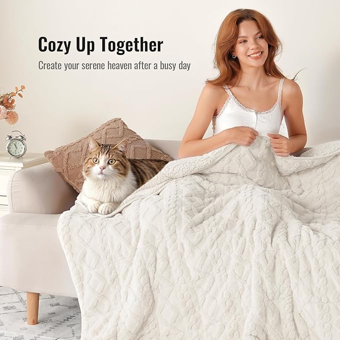 Uttermara Weighted Blanket for Adults Queen Size 15lbs 60x80 inches, Dual Sided Soft Jacquard Sherpa Weighted Blankets, Thick Heavy Blanket for Sleeping and Calming, Cream White