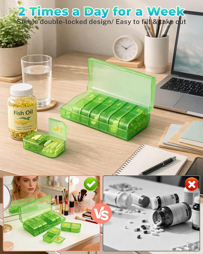 Weekly Pill Organizer 2 Times a Day, 7 Day AM/PM Pill Box, Portable Medication Dispenser with Child-Resistant Latch, BPA-Free, Travel, Office, Pets, Emergency Use (Neon Green)