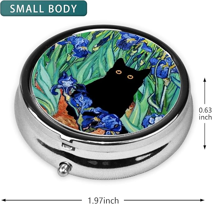 Pill Box 3 Compartment Pocket Small Pill Organizer Mini Metal Pill Holder Travel Portable for Man Woman Old People and Children - Flower Balck Cat