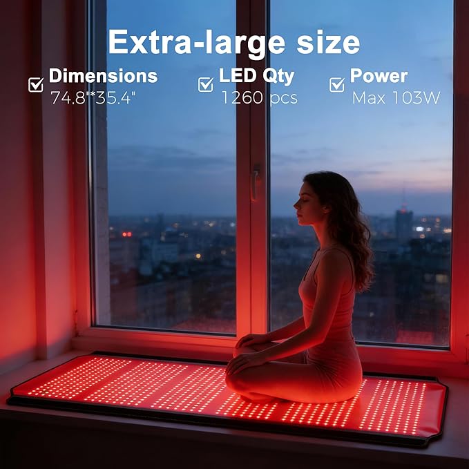 Full Body Red Light Therapy Mat, 74.8"*35.4" Whole Red Light Therapy Pad for Body with 660nm & 850nm, 1260 LEDs redlight Blanket with Adjustable Timer & Intensity, Gifts for Women, Men, and Pets