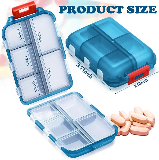 Meekoo 8 Pcs Travel Pill Organizer Pocket Portable Pill Case Daily Container Small Container Medicine Travel with 10 Compartments for Purse Fish Oil Medicine(Sky Blue)