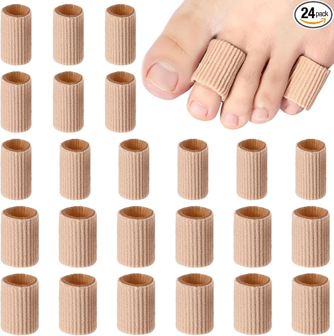 Blulu 24 Pieces Toe Tubes 0.98 Inches Cushion Tube Corn Pads for Toes Sleeves Soft Gel Protectors for Cushions Corns Blisters Calluses 3 Size (Skin Color,Medium,Small)