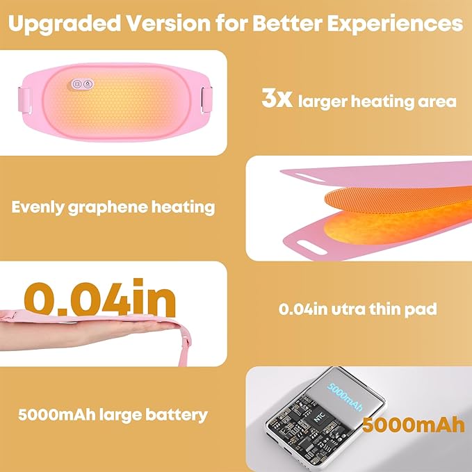 Portable Heating Pad for Cramps, Larger Heating Area Ultra Thin Cordless Electric Period Fast Heat Pad Back Pain Relief Menstrual Belt 3 Heat 5 Massage for Women Her Christmas Stocking Stuffers