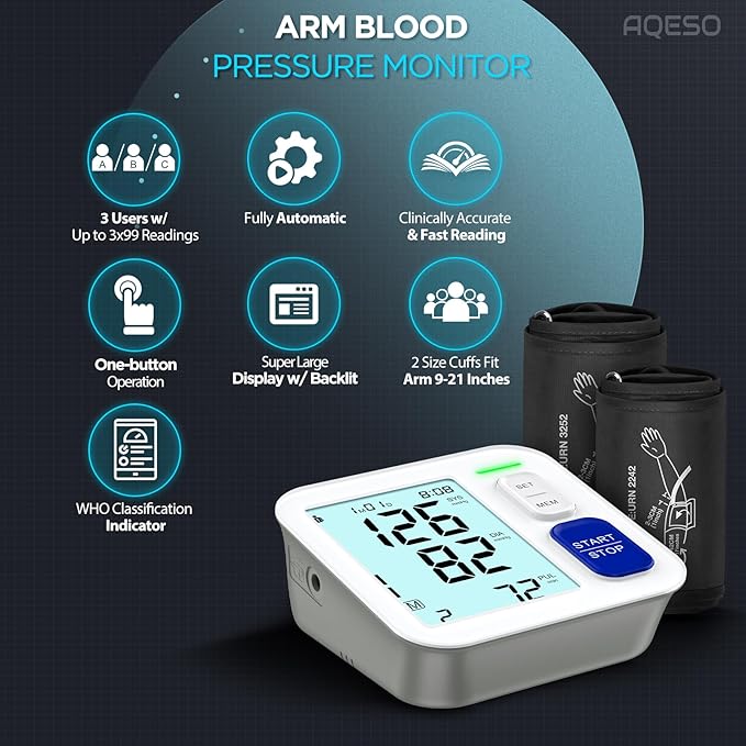 Blood Pressure Machine Upper Arm, 2 Size Cuffs Included, Medium/Large 9"-17" and Extra Large XL Cuff 13"-21" for Big Arms, Accurate Automatic Digital BP Monitor Home Use, Large Backlit LCD, 3 Users