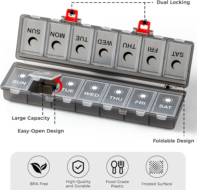 Foldable Pill Organizer Weekly 2 Times a Day, 7 Day Portable AM PM Travel Pill Case with Black&White Labels, Dual-Protection Daily Medicine Box, Large Pill Container for Vitamin/Supplement-Clear Black