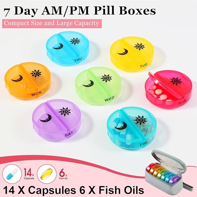 Weekly Pill Organizer 2 Times a Day, Travel Pill Box 7 Day with Large Opening, Pill Case with Handle, Pill Dispenser Medicine Organizer for Vitamins, Fish Oils, Medications, Supplements (Grey, Small)