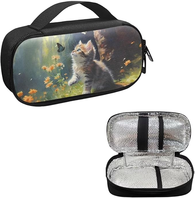 Cute Cat Butterfly Diabetic Supplies Carrying Bag for Glucose Meter Insulin Pens Test Strips Lancets Syringe Medication or Other Diabetes Care Accessories