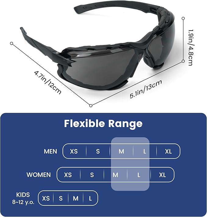 Flaya Adjustable Safety Glasses for Men & Women Anti-Fog ANSI Z87.1 UV400 Protection Goggles with Foam Seal & Strap