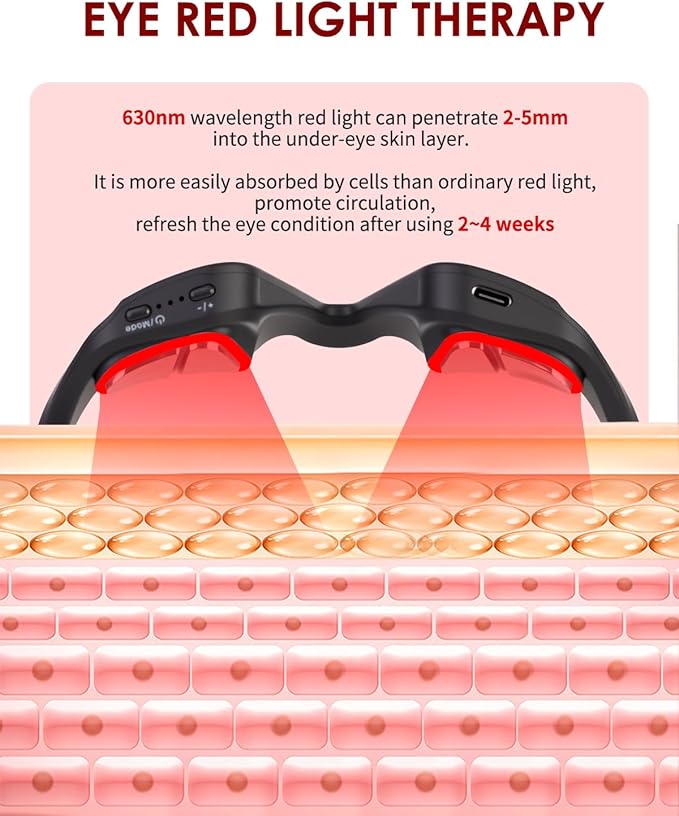 UTK Under Eye Red Light Therapy Device, 630nm Red Light Glasses for Eye Bags, Dark Circles, Puffiness, Rechargeable & 39g Ultra-Light, Gift for Women and Men (Black)