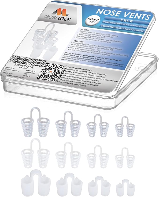 Nose Vent Sinus Relief (Pack of 12 Various Types and Sizes) - A Simple Solution for Nasal Snorers - Reusable Snoring Device to Enjoy a Peaceful Night's Sleep - by Mobi Lock