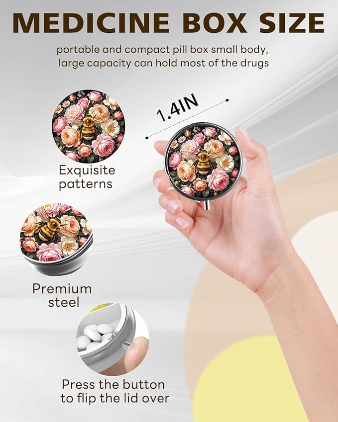 LRITER Pill Case, Portable Travel Pill Box, Pillbox Organizer, Cute Small Medicine Storage Container, Purse Accessories for Women, Men (Bee)