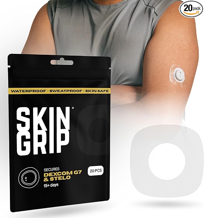 Skin Grip Adhesive Patches Compatible with Dexcom G7 & Stelo CGM with Cutout – Waterproof & Sweatproof Cover for Continuous Glucose Monitor Sensor, Stays Secure for 10-15 Days – 20 Pack, Clear