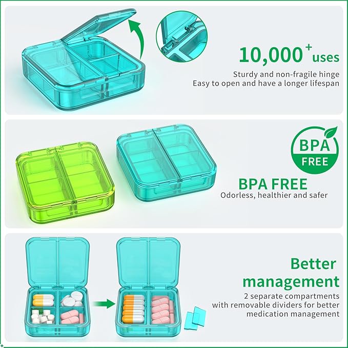 Small Pill Box,4 Compartments Travel Pill Case, Portable Pill Organizer,Mini Pill Container for Pocket,Daily Compact Travel Medicine Holder for Vitamins Fish Oil and Supplement Storage(Green+Cyan)