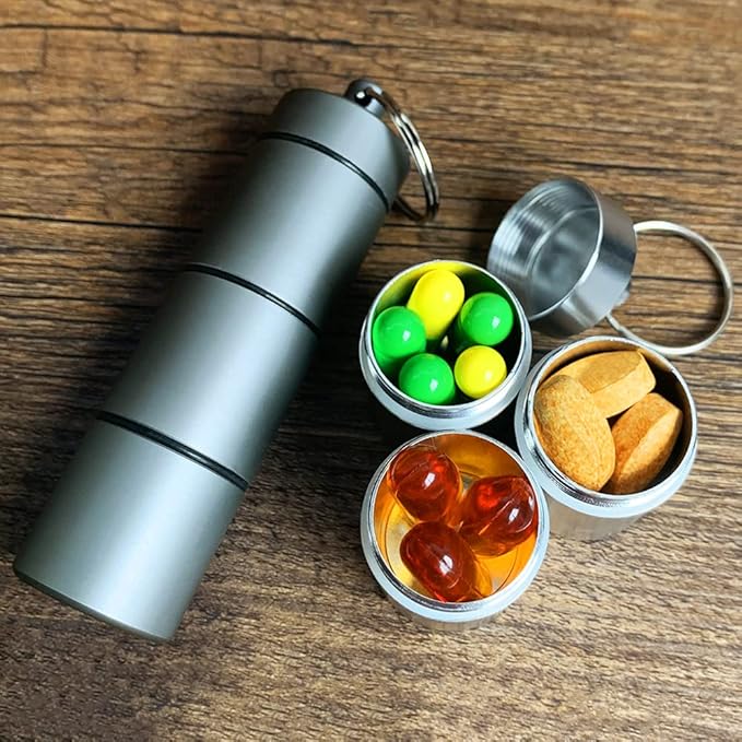 Large Keychain Pill Holder, EFFIET 3 Compartments Metal Pill Fob Case, Travel Medicine Container for Vitamin/Fish Oils/Capsule, Waterproof for Outdoor, Travel, Hiking, Camping (Mixed Color)