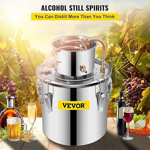 VEVOR Alcohol Still 5Gal/20L Alcohol Distiller Stainless Steel Distillery Kit for Alcohol with Copper Tube Home Brewing Kit Build-in Thermometer for DIY Whisky Wine Brandy