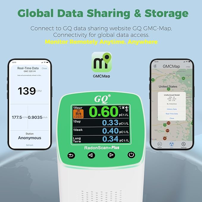 Remote Monitoring New V2.0 Version GQ RadonScan-Plus Radon Gas Digital Detector Worldwide Fast Accurate Detection Simple Big Display USA Product Real-time Data App Online Data Logging & Sharing