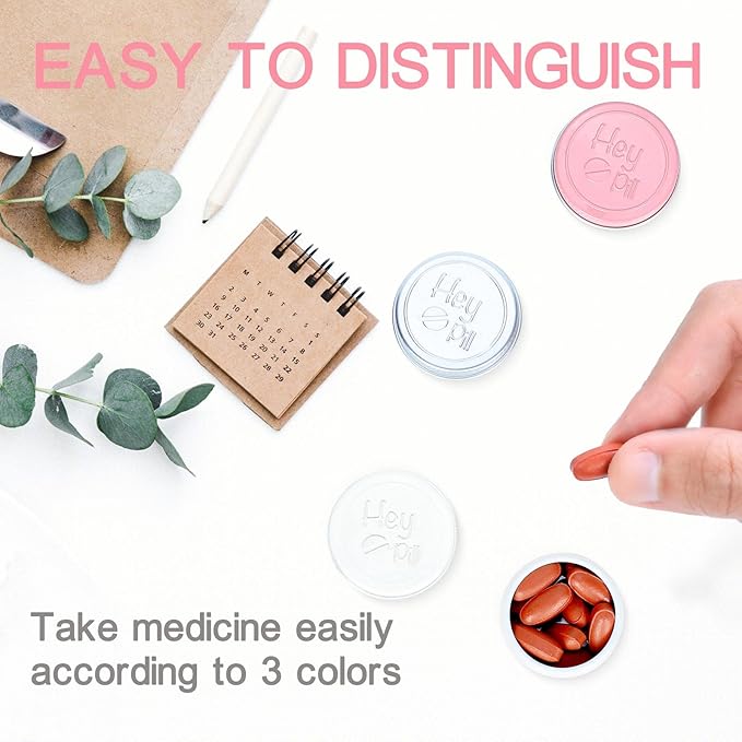Extra Small Pill Box for Purse (3 Pack), ADHYRO Aluminum Mini Pill Case, Daily Portable Lightproof Pill Organizer to Hold Vitamins, Fish Oils, Supplements (Pink Silver White)…