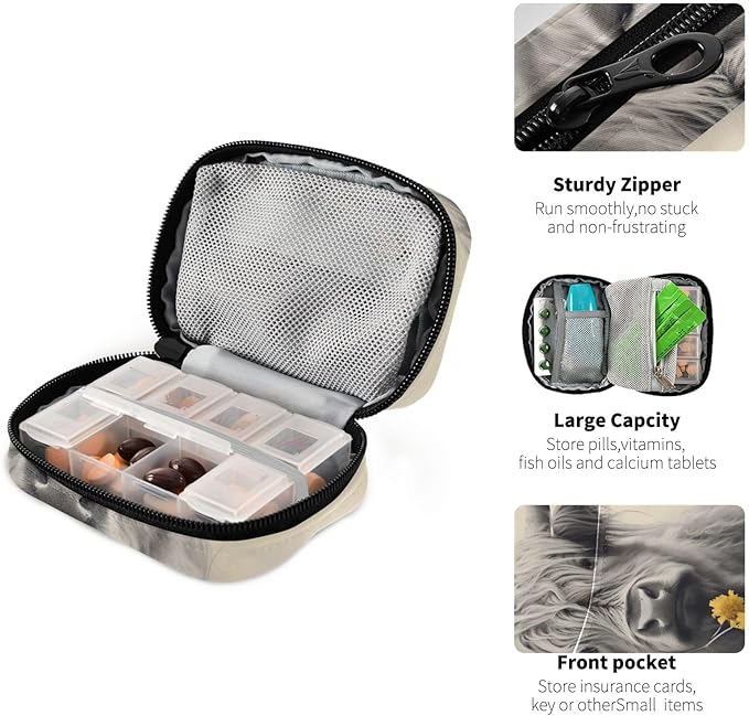 Highland Cow with Flower Pill Organizer Weekly Vitamin Case Bag with Zipper Portable Supplement Holder