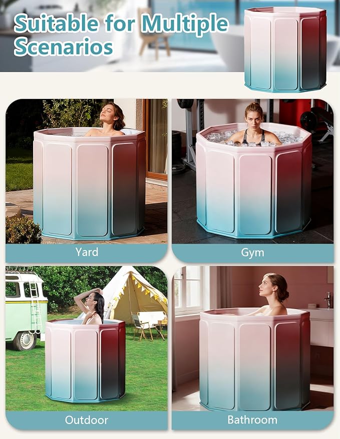 Portable Bathtub for Adults, Collapsible Freestanding Bathtub for Shower, Hot Ice Bath Tubs with Thickened Thermal Foam to Keep Temperature, PVC Outdoor Soaking Tub (Blue-pink Gradient, 80cm)