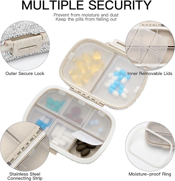 Soleebee Portable 8 Compartments Daily Pill Organizer, Bling Crystal Diamond Pill Box, Small Travel Pill Case, Pill Dispenser, Medicine Container Organizer to Hold Vitamin, Fish Oil (Silver)