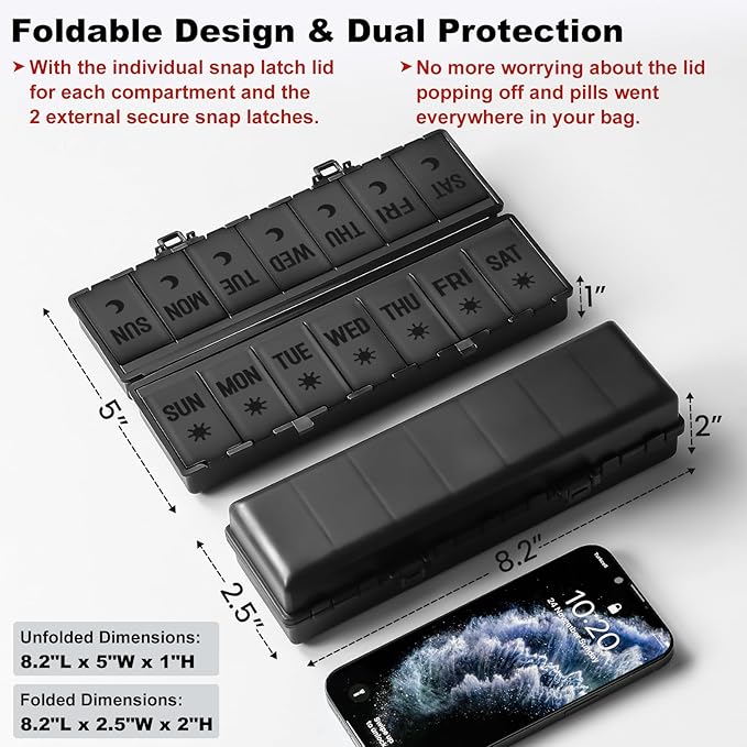 Foldable Pill Organizer 2 Times a Day w/Etched Labels -Dual Protection & Portable Weekly AM PM Pill Box, 7 Day Medicine Container, Large Travel Pill Case for Week Daily Supplement Vitamin - All Black